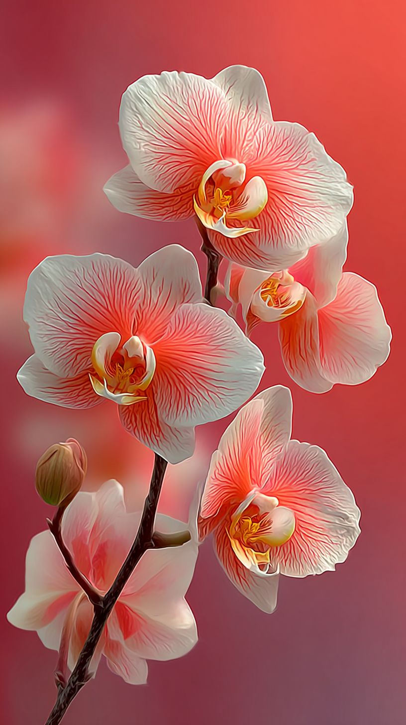 Gradient coral background with a single white orchid in the bottom left