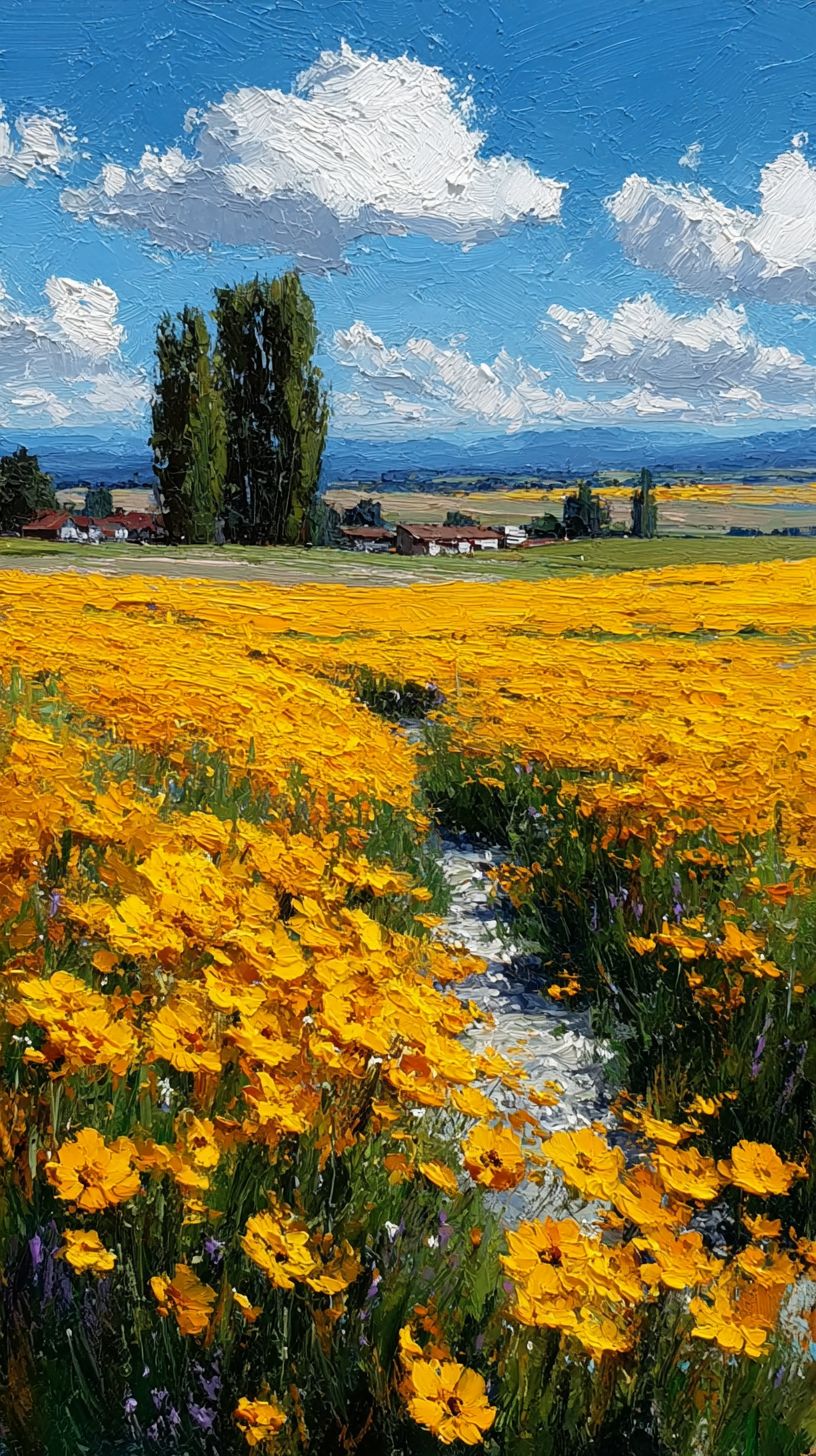 An oil painting of a vibrant sunflower field