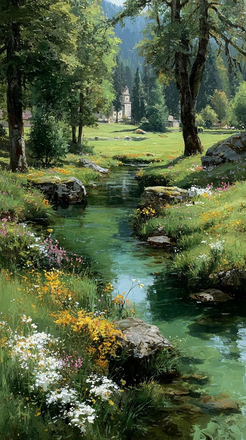 A vibrant meadow features emerald grass, colorful wildflowers, and a clear stream