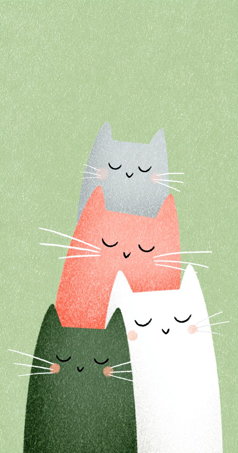 Gatos fofos de perfil empilhados sobre um fundo verde no estilo de ilustração japonesa