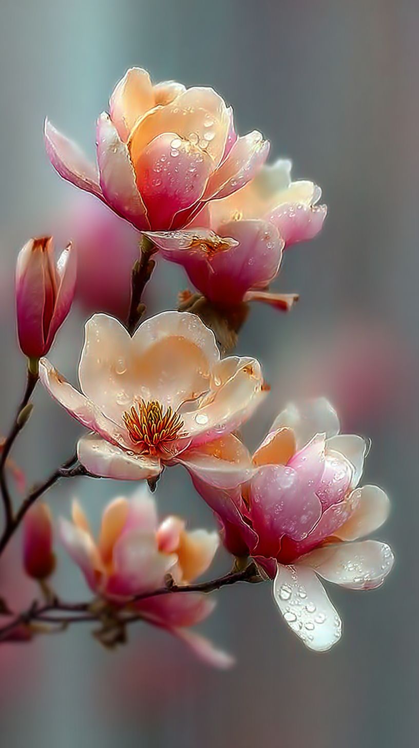 Blurred magnolias with soft cream and pink tones creating a dreamy and romantic effect