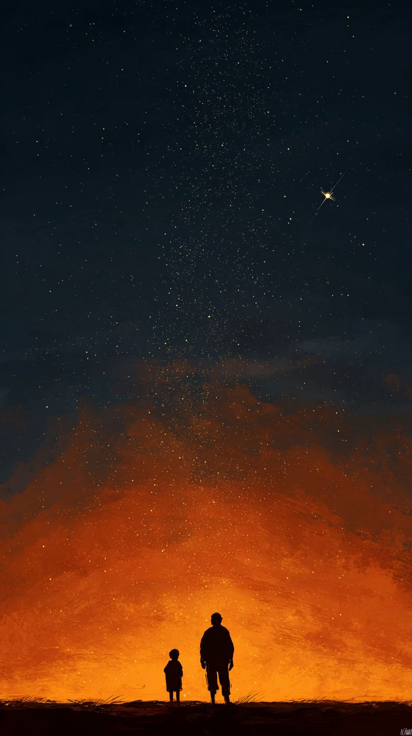 父親向兒子指向天空中的星星