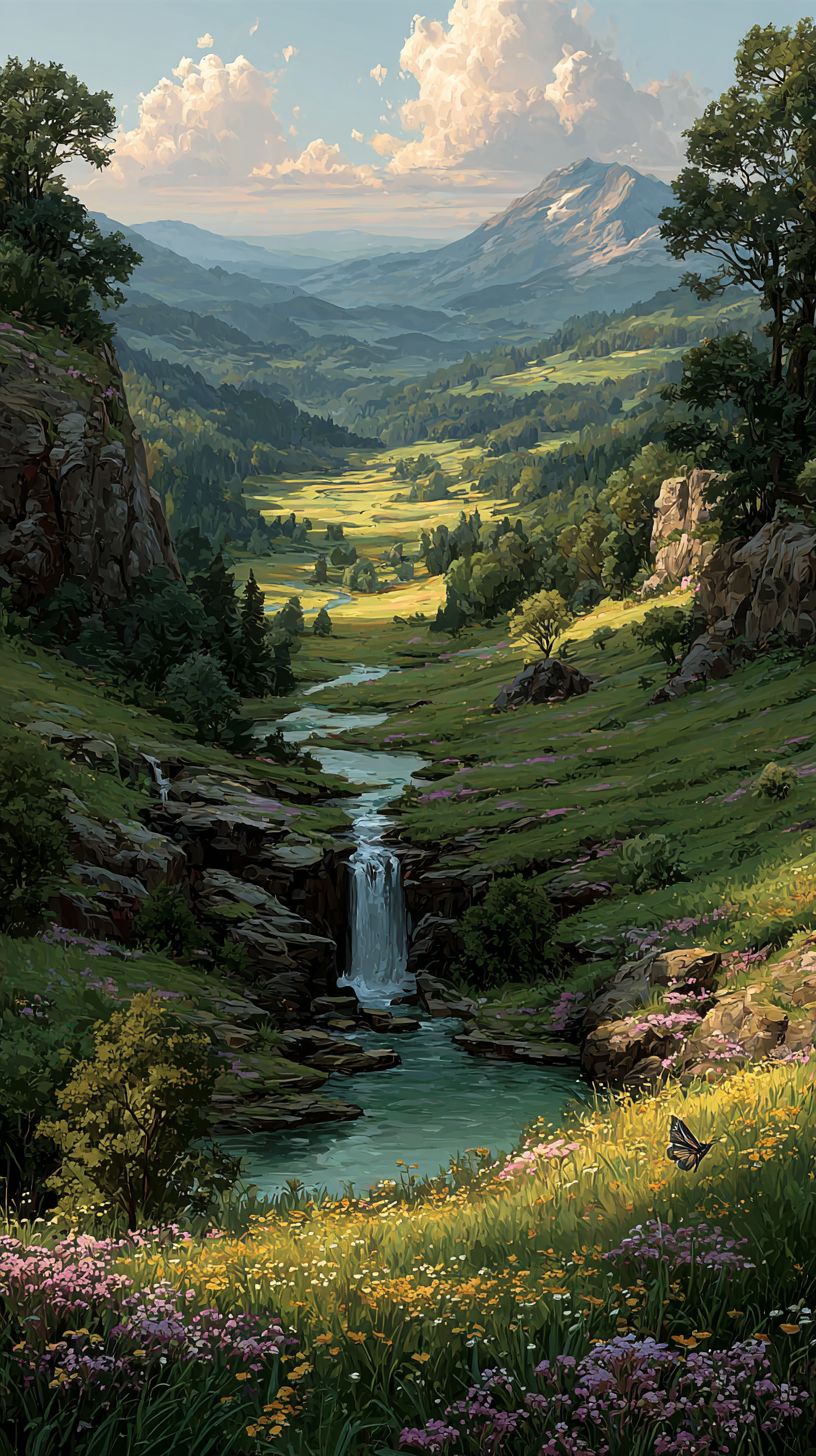 A vibrant green valley with a sparkling waterfall and blooming wildflowers