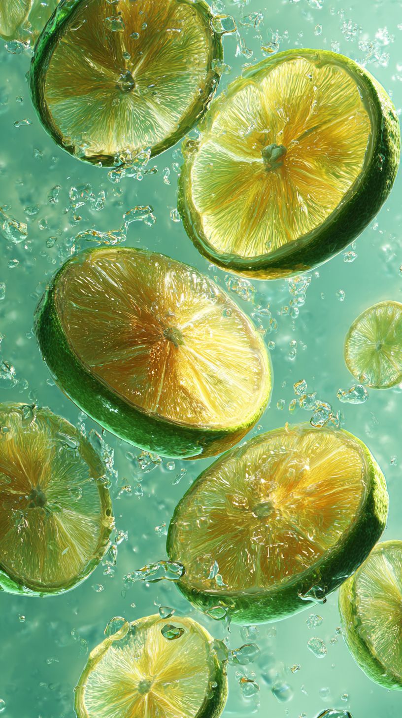 Several photos of lemon slices falling into water