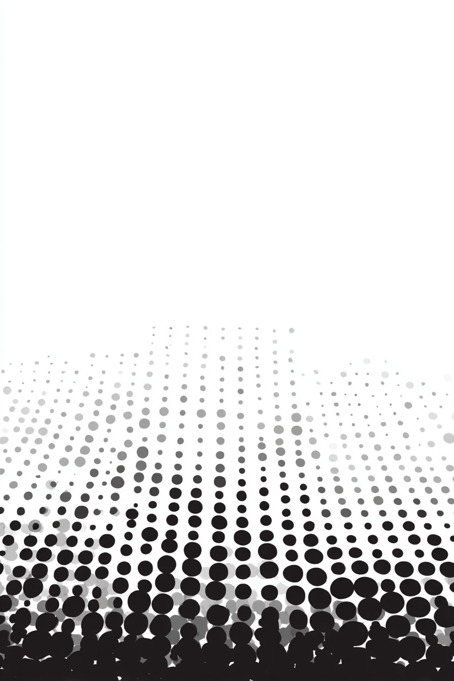 Um design abstrato de alta resolução com pontos circulares pretos agrupados na parte inferior e se dispersando gradualmente para cima em um fundo branco puro