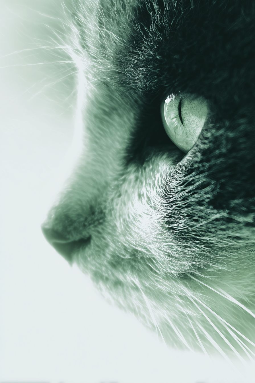 A minimalist sports style art illustration featuring a cat's eyes with a combination of light green and black blurred forms