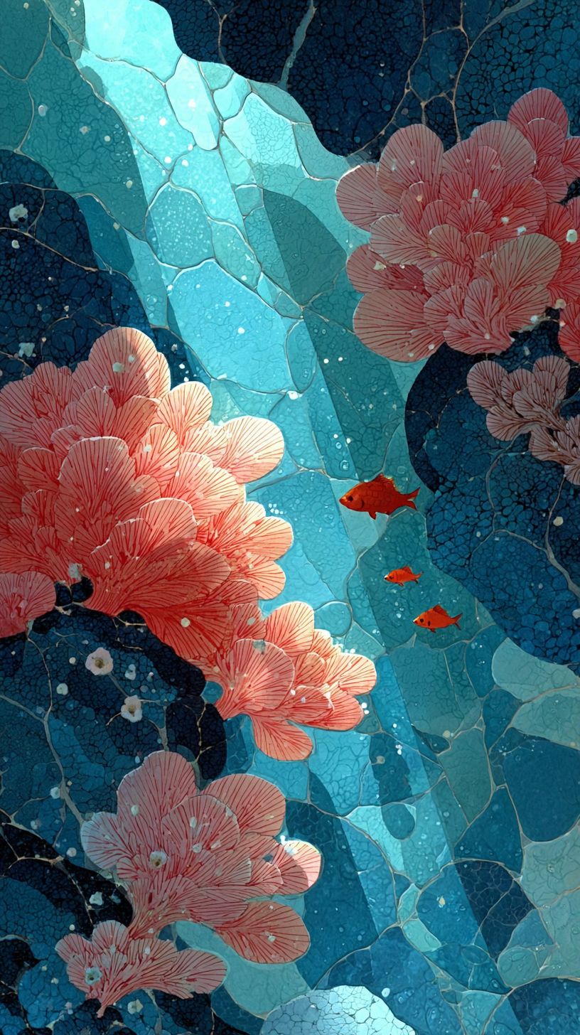 Watercolor coral reef with vibrant turquoise and coral hues under sunlight with small fish and a dreamy underwater vibe