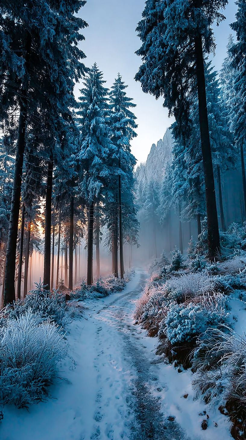 A tranquil winter forest with snow-covered pines and soft blue and white tones