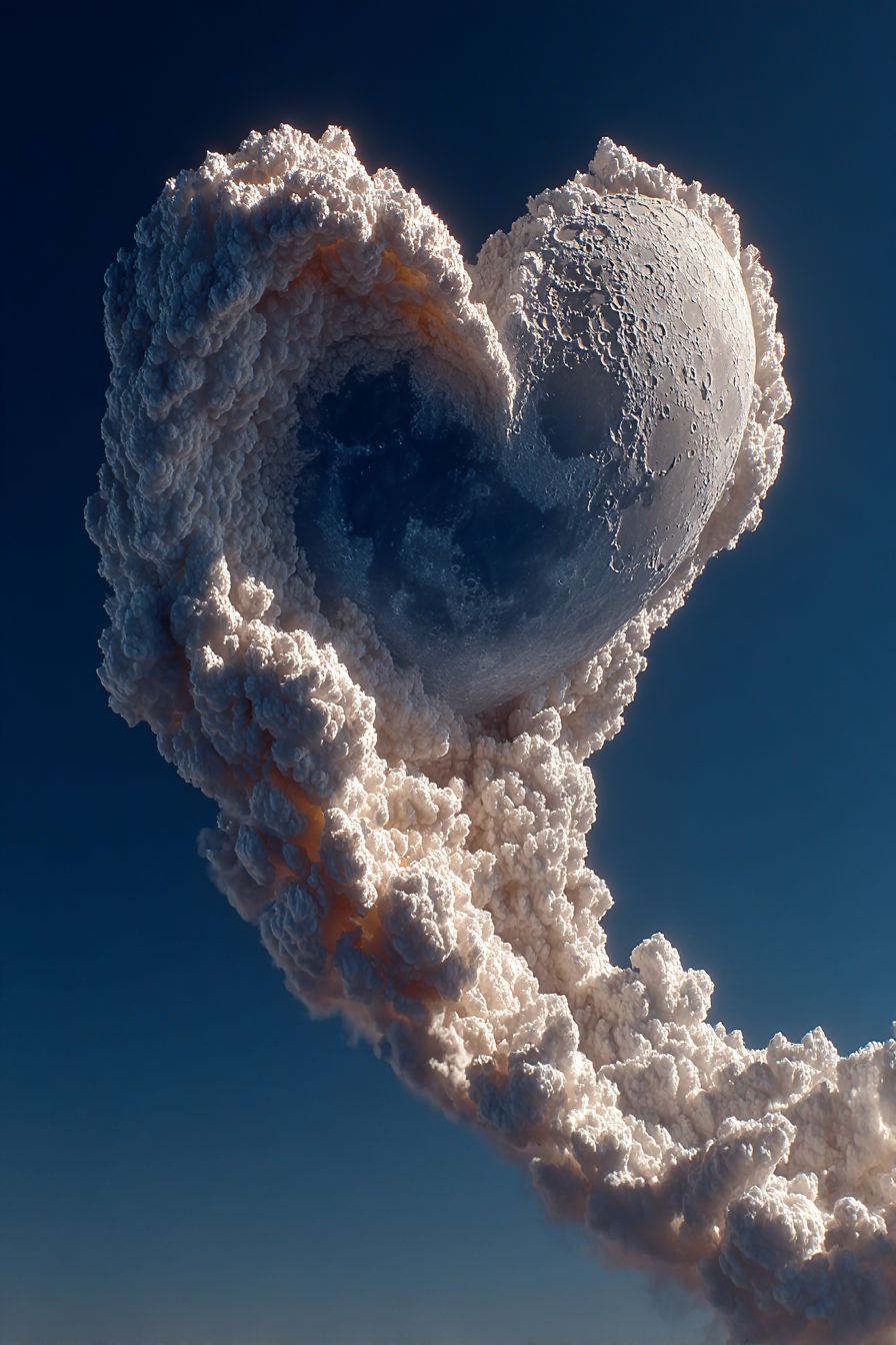 A heart-shaped crater floating on a white moon