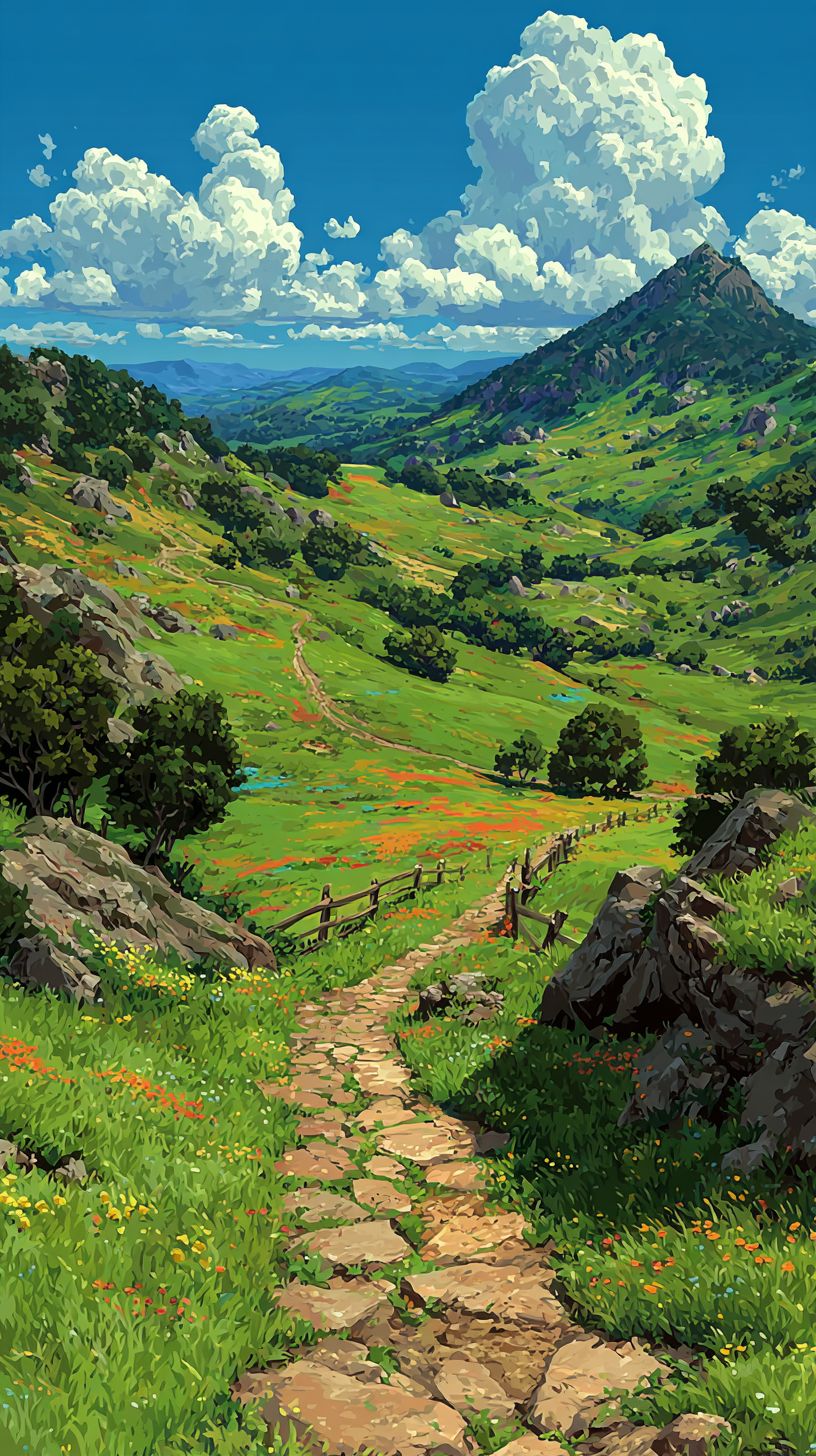 A lush countryside with vibrant fields and colorful flowers