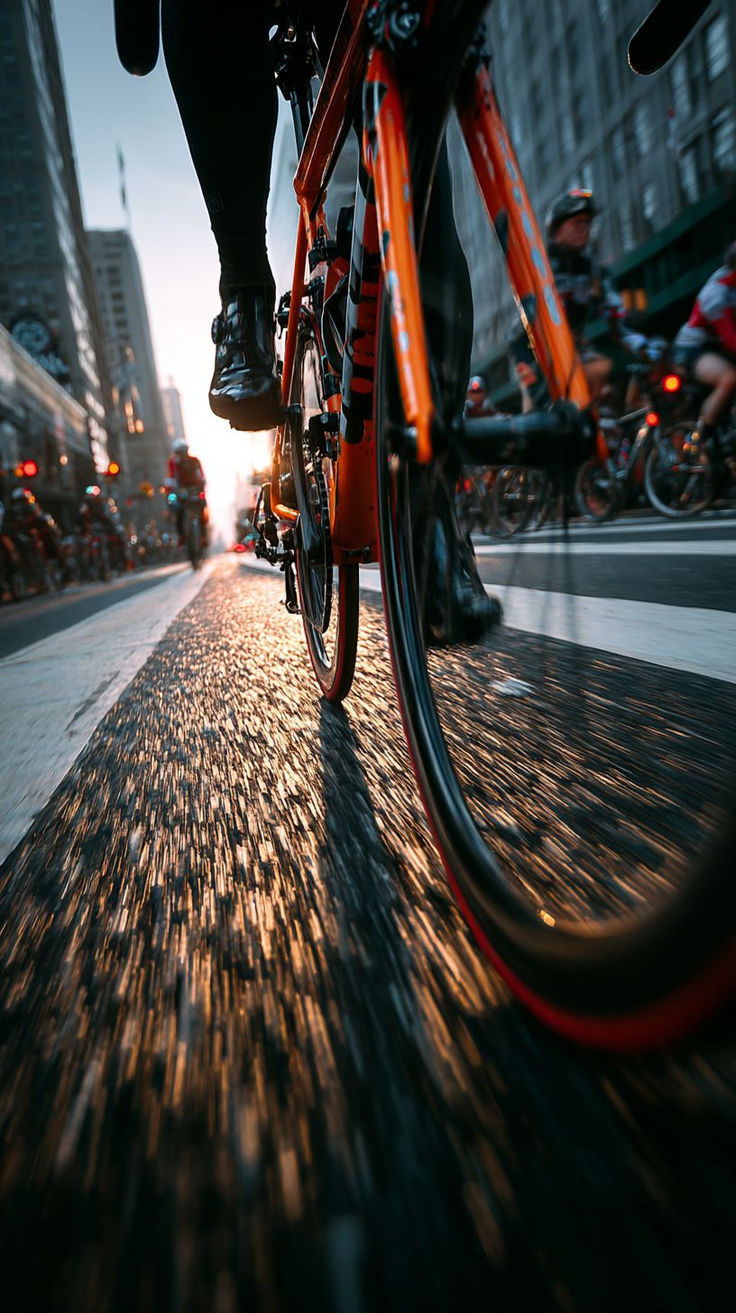 Un cycliste navigue dans une rue animée tandis que les roues de son vélo tournent au ralenti