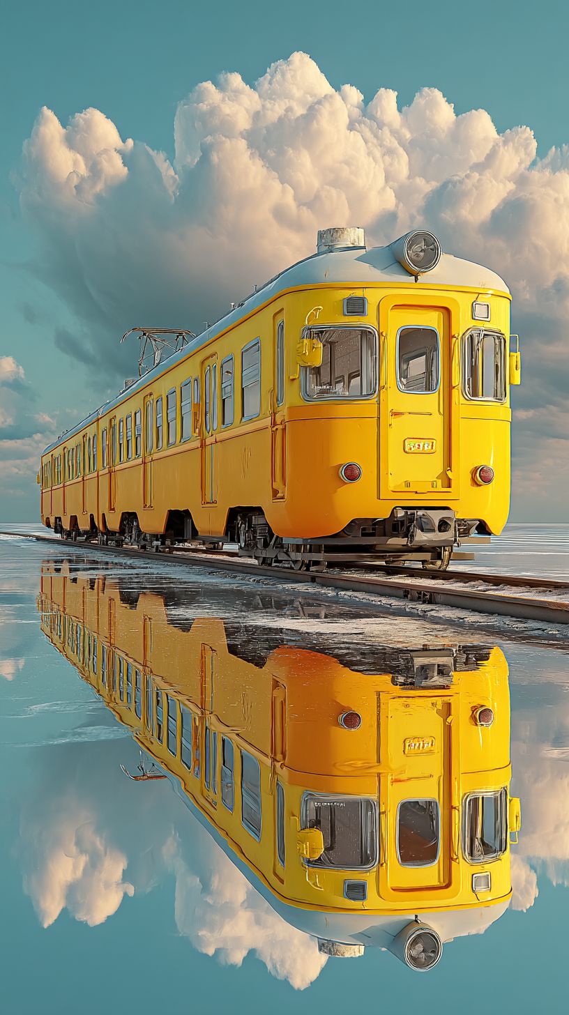 Un tren amarillo clásico viaja sobre un océano azul tranquilo