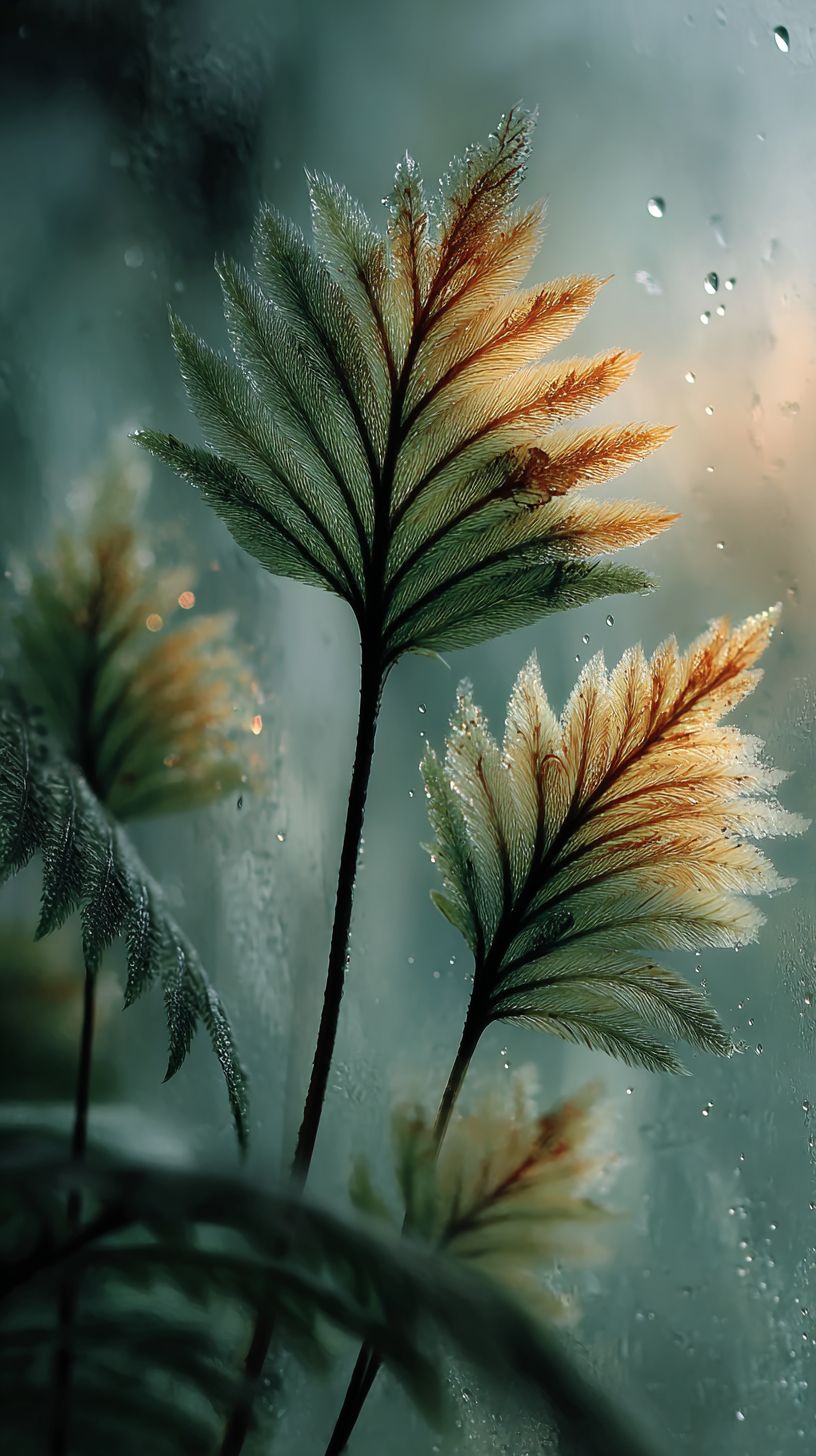 Abstract blurred ferns in low-saturation green and beige tones with frosted glass overlay and soft bokeh