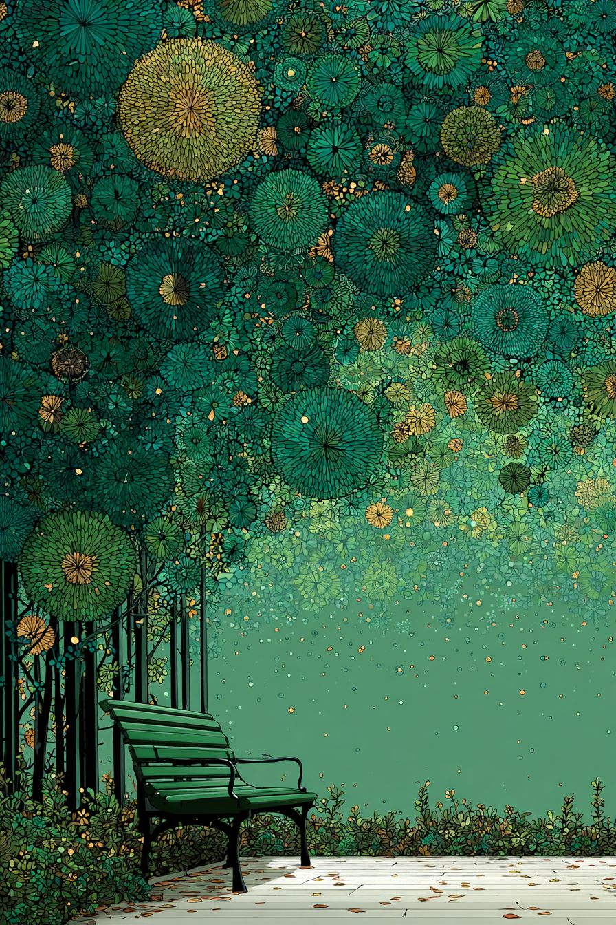 This illustration features an empty bench surrounded by a gradient of green flower patterns