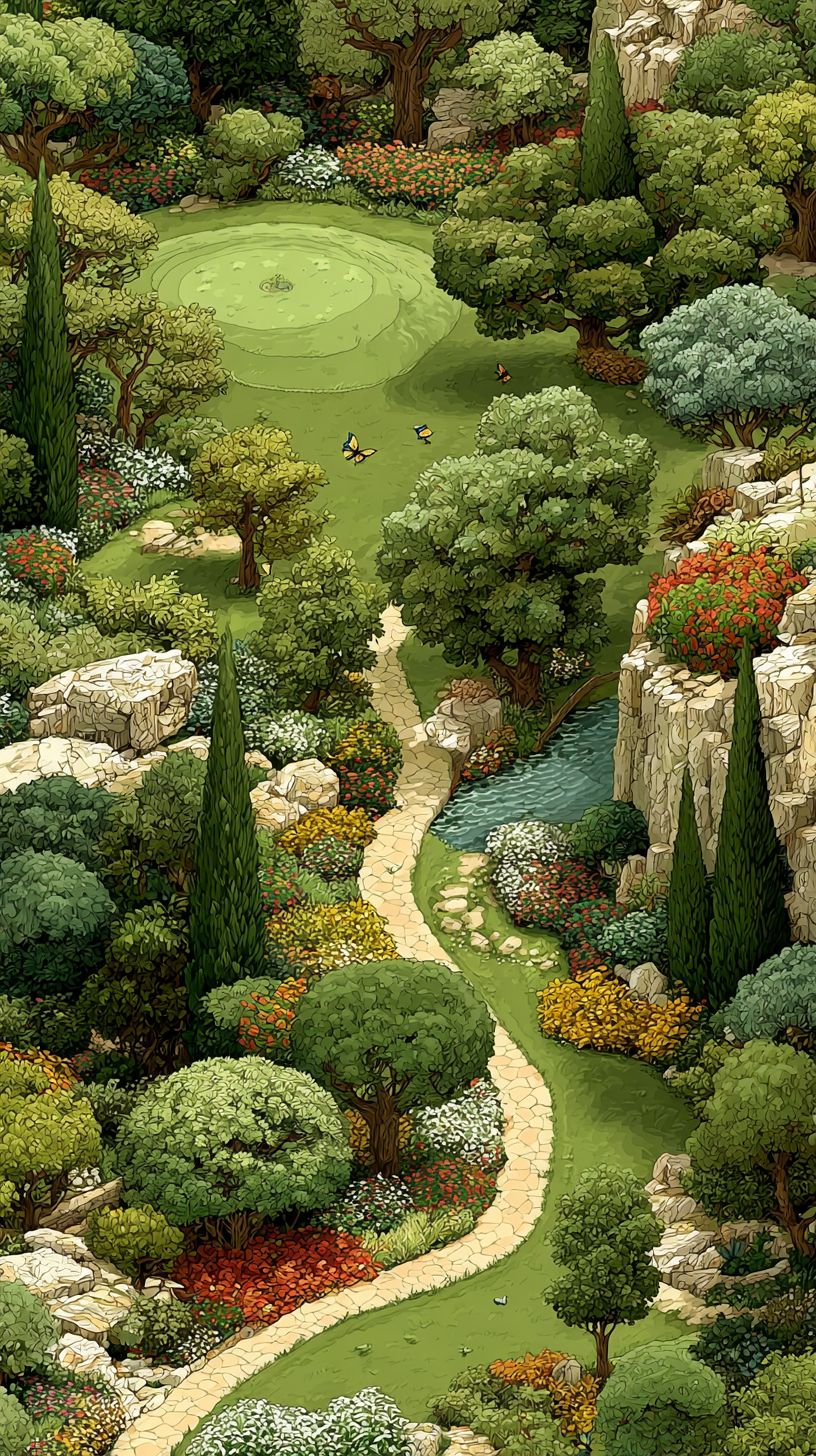 A lush park featuring green lawns, blooming flowers, and a winding path