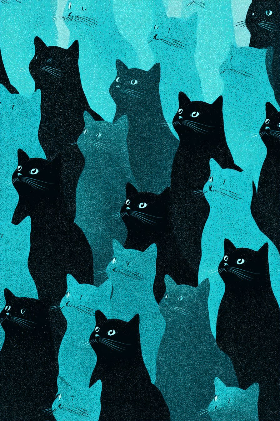 Seamless pattern of many tiny black cats on a bluish teal background