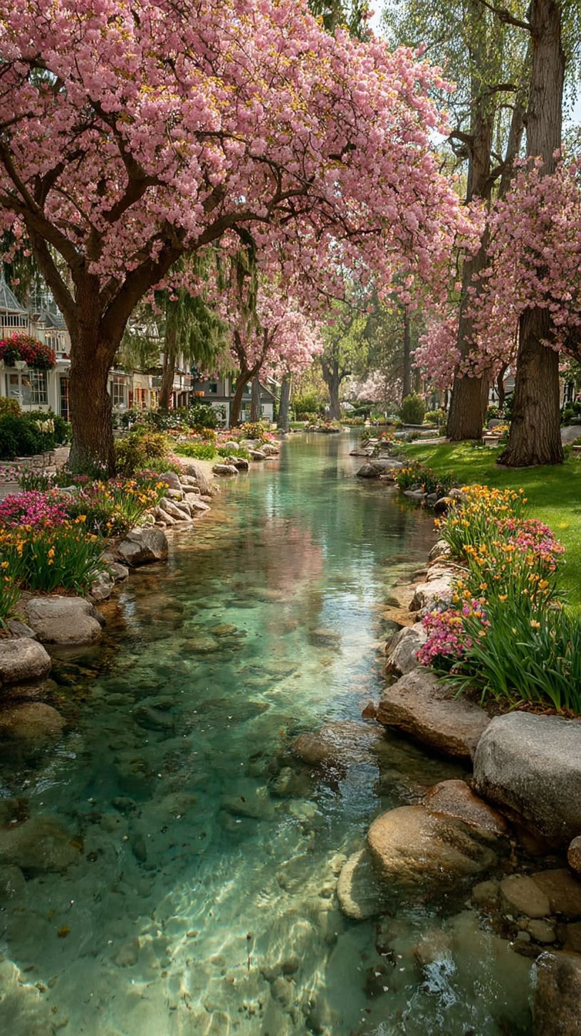 A spring park features emerald grass, cherry blossoms, and a clear stream with gentle sunlight and colorful flowers creating a joyful tranquil vibe