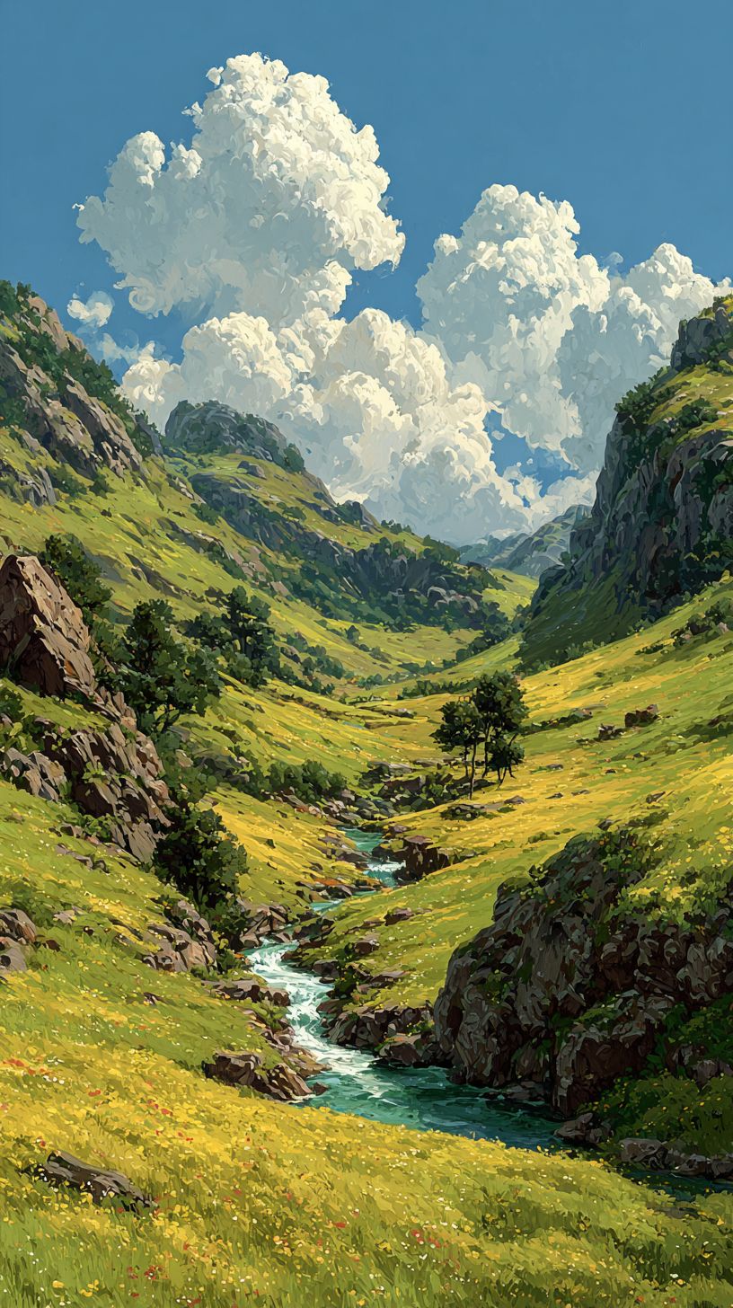 A green valley with a sparkling waterfall and warm sunlight