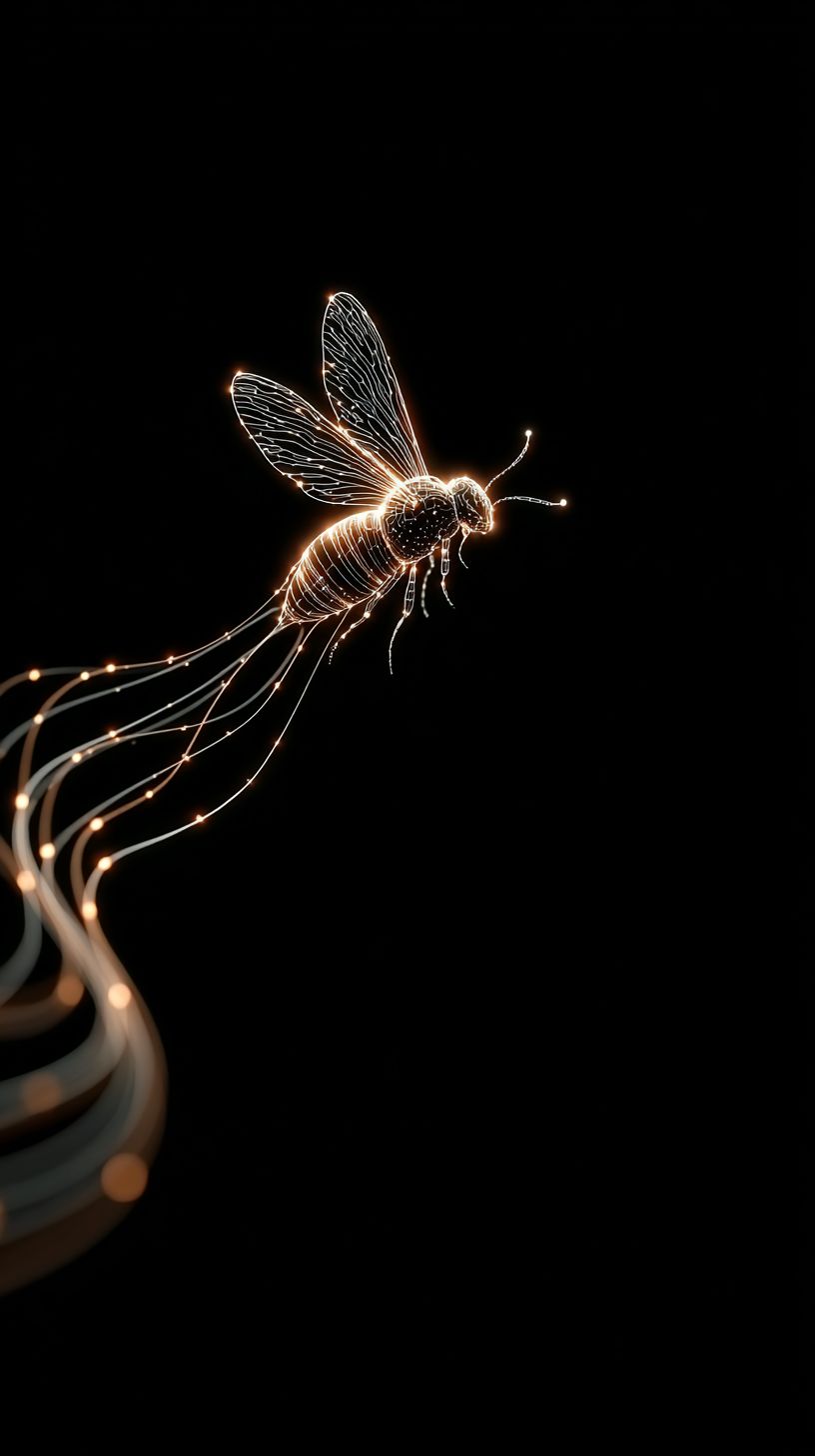 黒い背景に光るホタルがあり、神秘的で高コントラスト