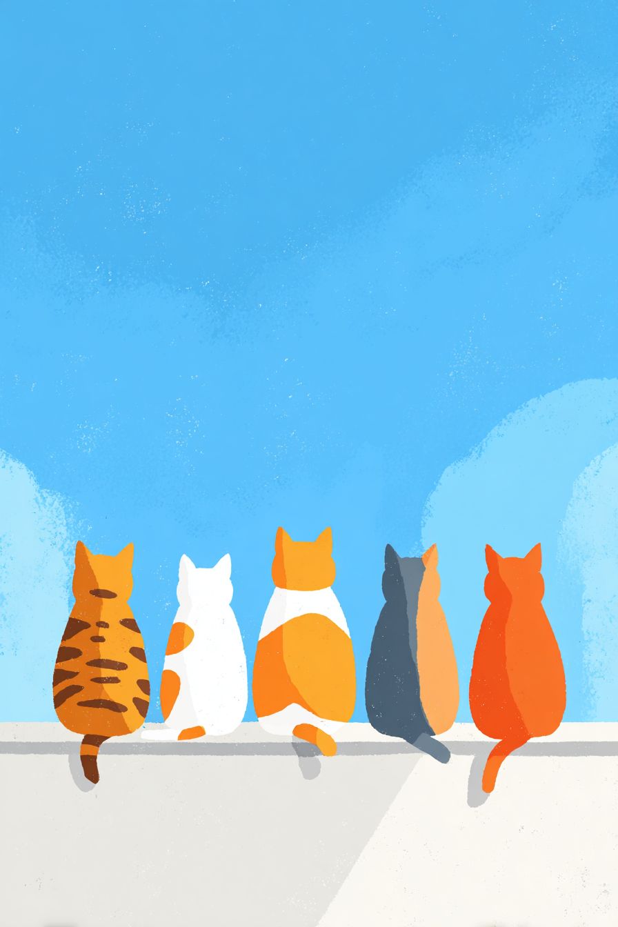 Five cats sitting on a white wall, each with a distinct color