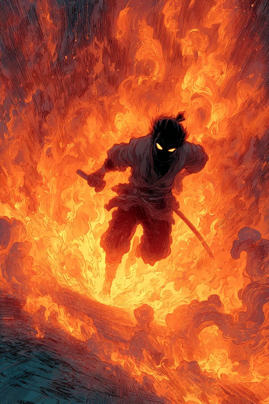 Ein dynamisches Comic-Panel eines Schwertkämpfers, der durch Flammen rast