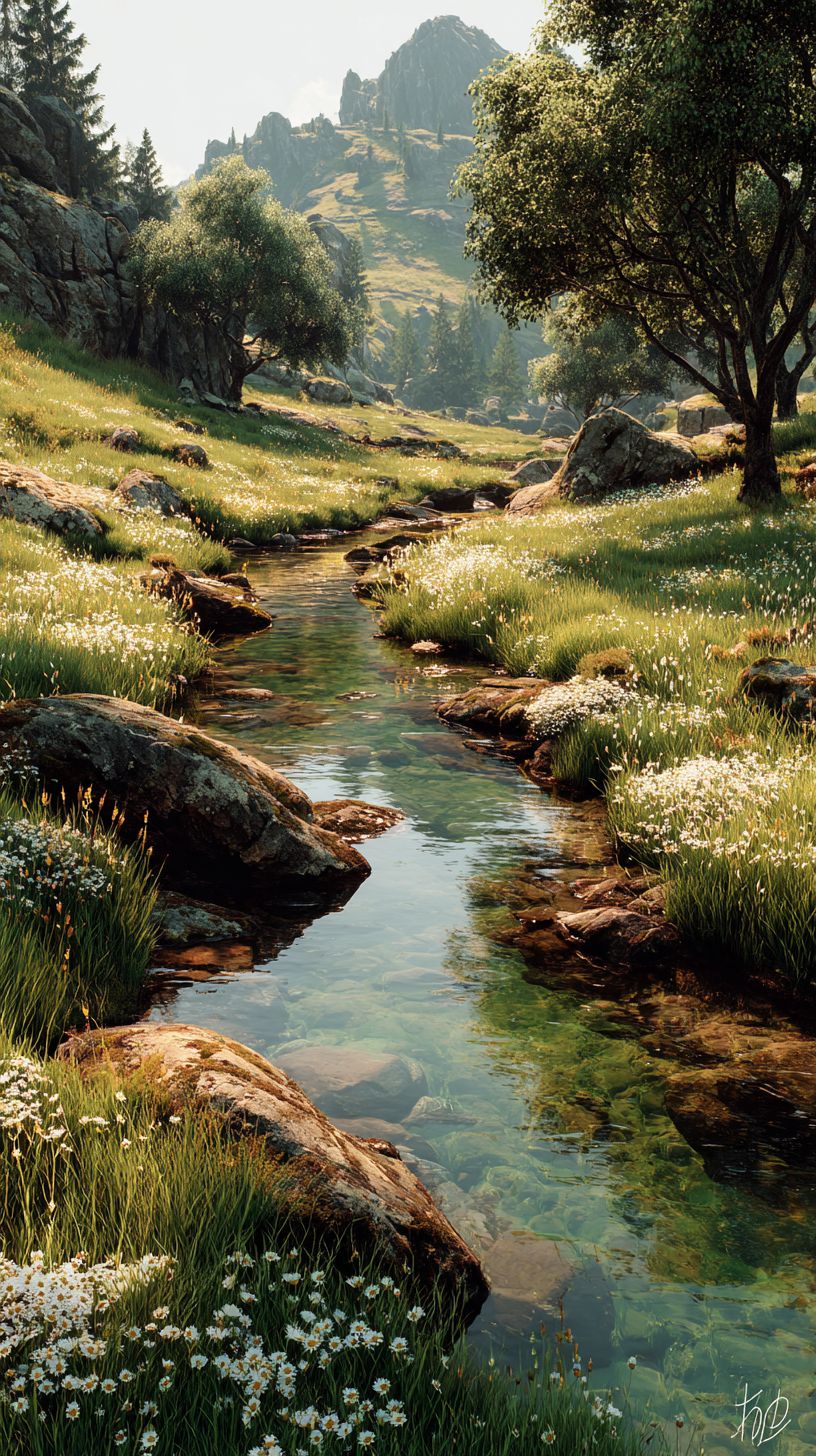 A calming wallpaper featuring a green valley with a sparkling river, wildflowers, and warm sunlight
