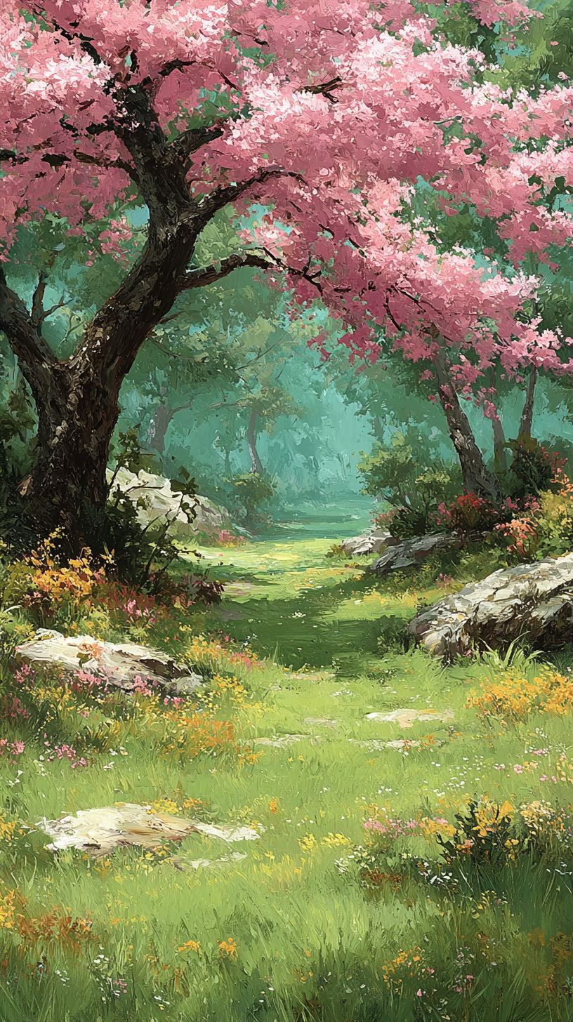 Un prado primaveral con hierba esmeralda, flores silvestres en tonos pastel y un cerezo en flor, creando una escena serena y alegre bajo la suave luz del sol y una brisa ligera