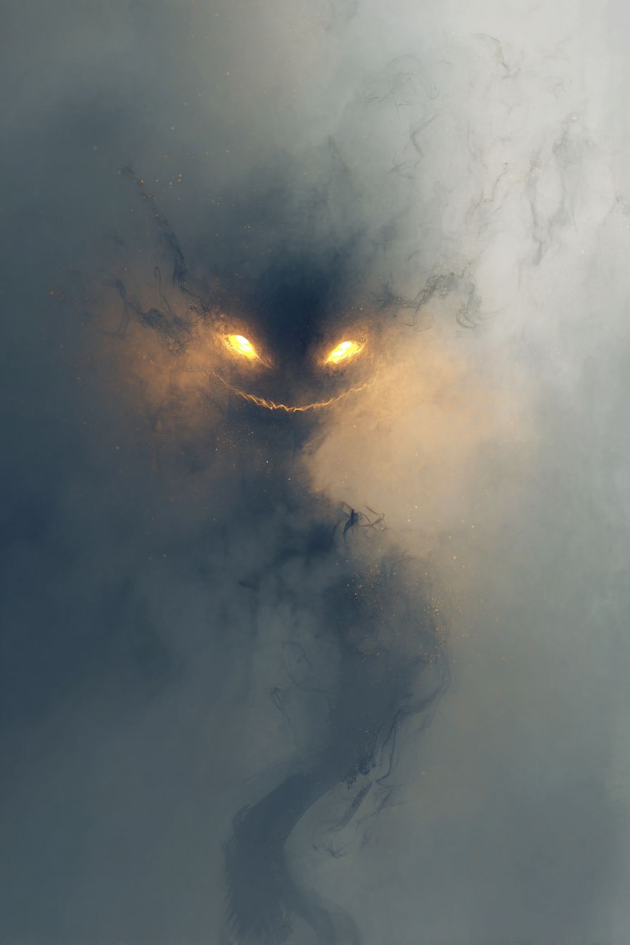 Create a smoky image of an unclear demon with glowing yellow eyes.