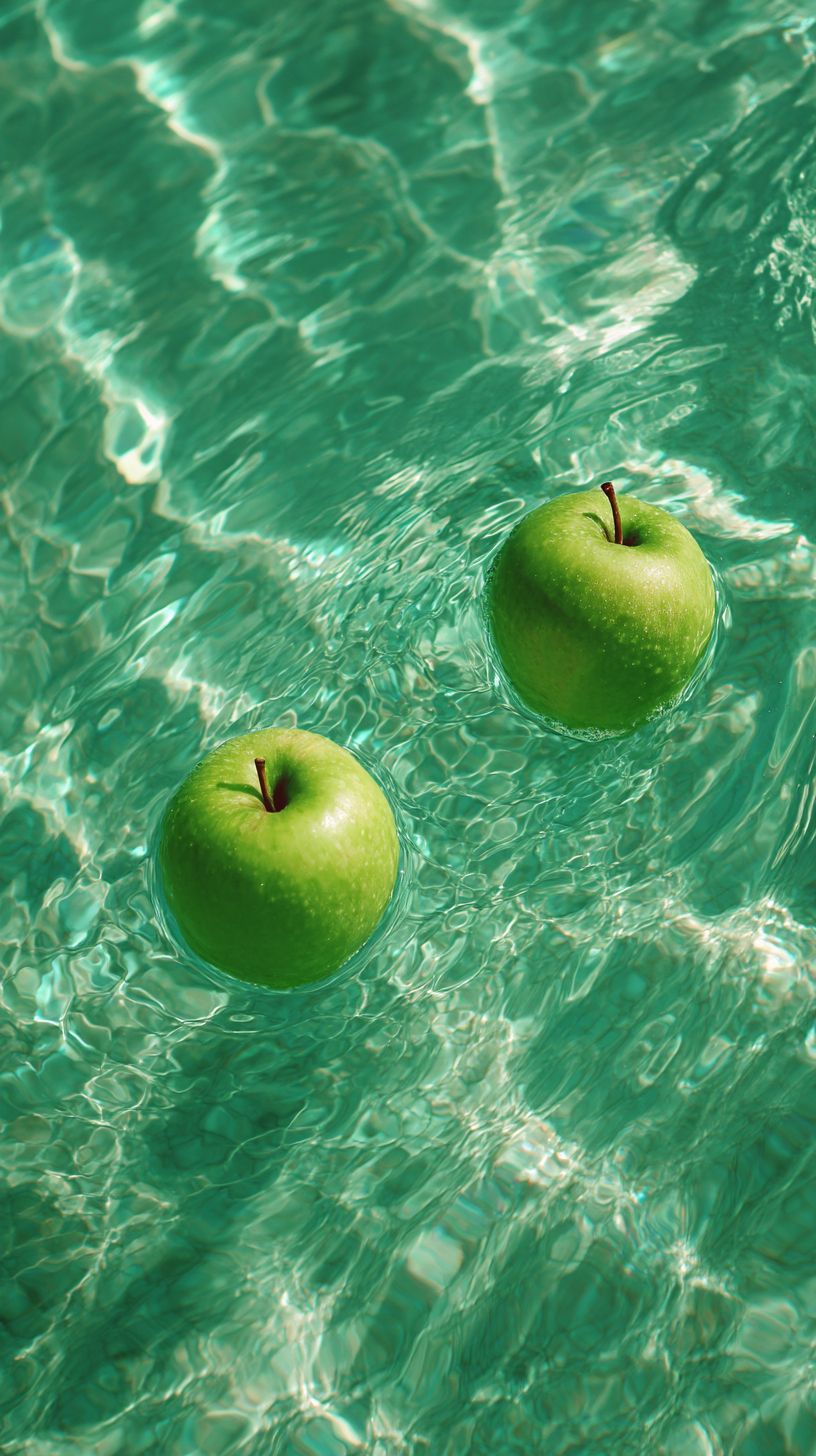 Duas maçãs verdes flutuam em água verde, criando ondulações que refletem a luz do sol.