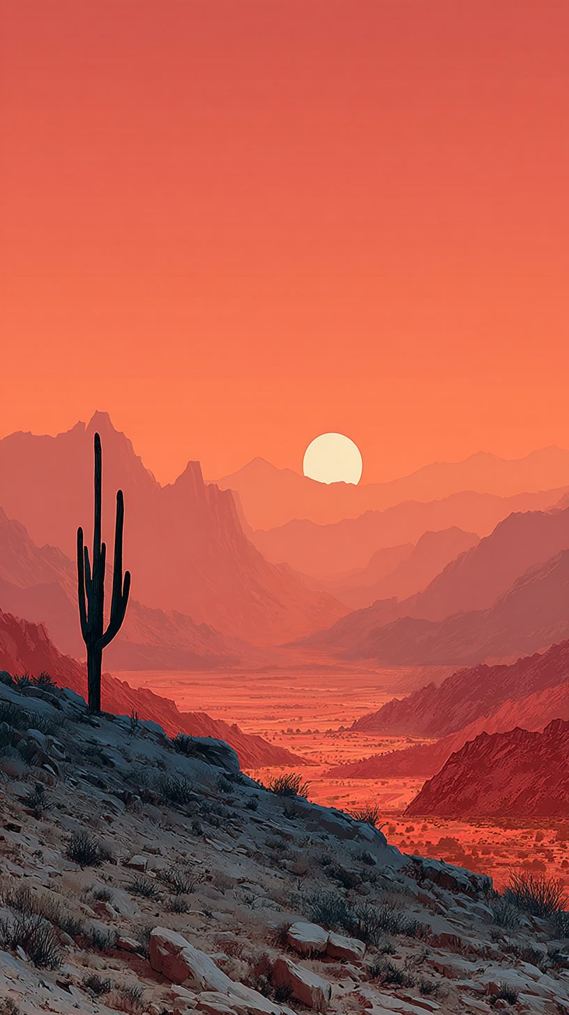 Minimalist desert scene with a single cactus silhouette and warm earthy tones