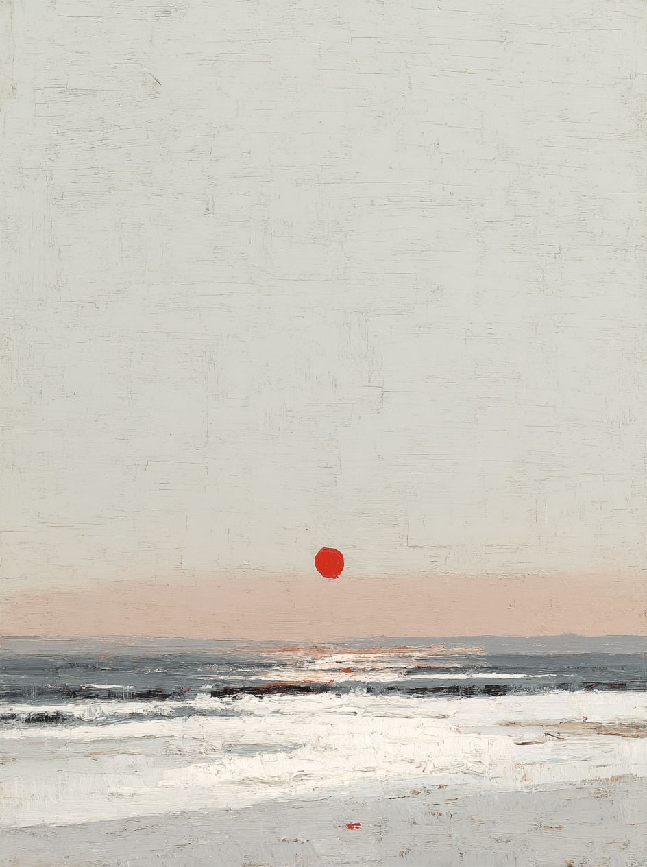 Une peinture minimaliste de la mer avec un soleil rouge à l'horizon sur un fond blanc