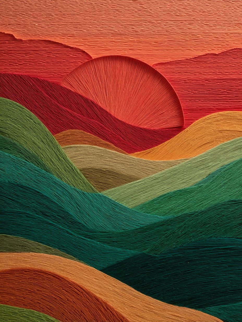 An abstract landscape features vibrant green and orange hills with textured lines and rich sunset colors