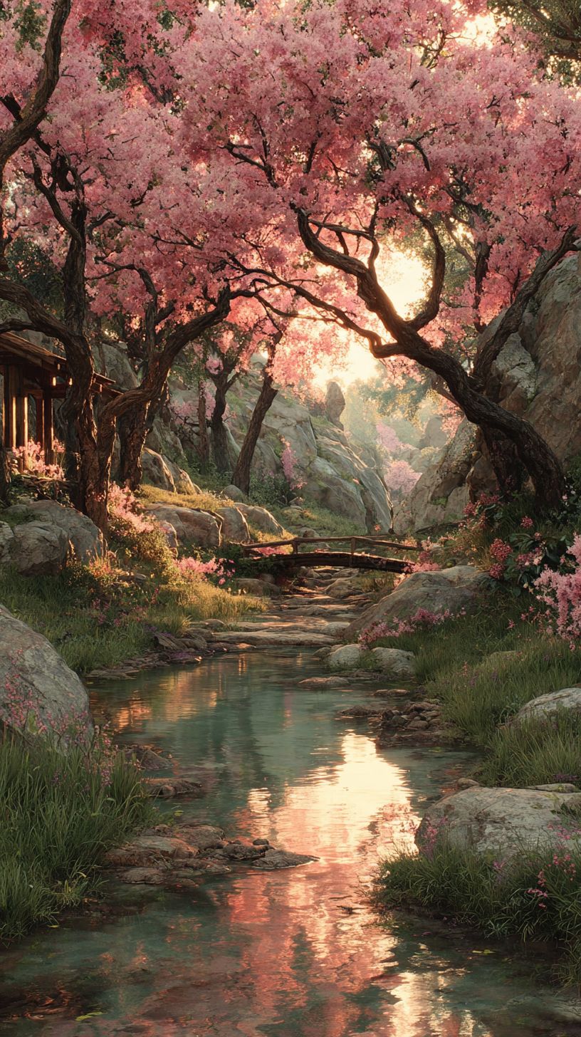 A spring orchard with green leaves and pink blossoms under a soft sunrise, featuring a small bridge over a stream