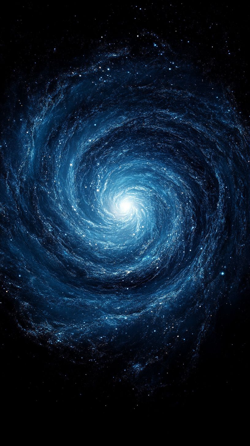 Una galaxia en espiral azul con un centro brillante blanco.
