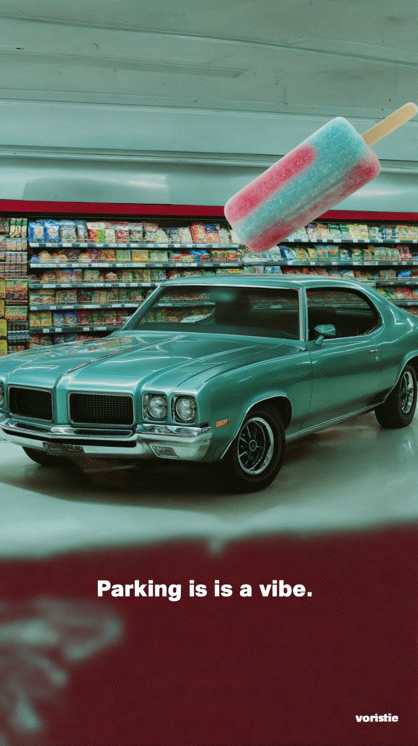 A muscle car parked in a supermarket aisle with a hand holding ice cream sticking out the window