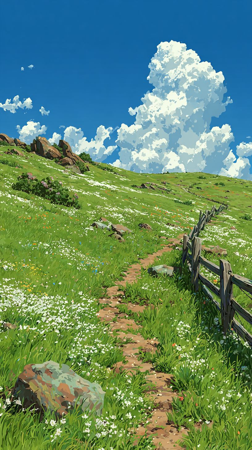 Зеленый meadow, заполненный пастельными цветами, деревянным забором и ясным голубым небом, создает спокойную атмосферу