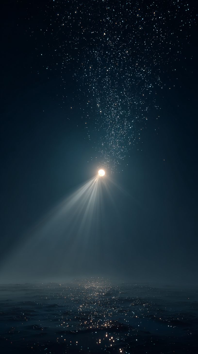 A dark navy background with a glowing moon and starry particles