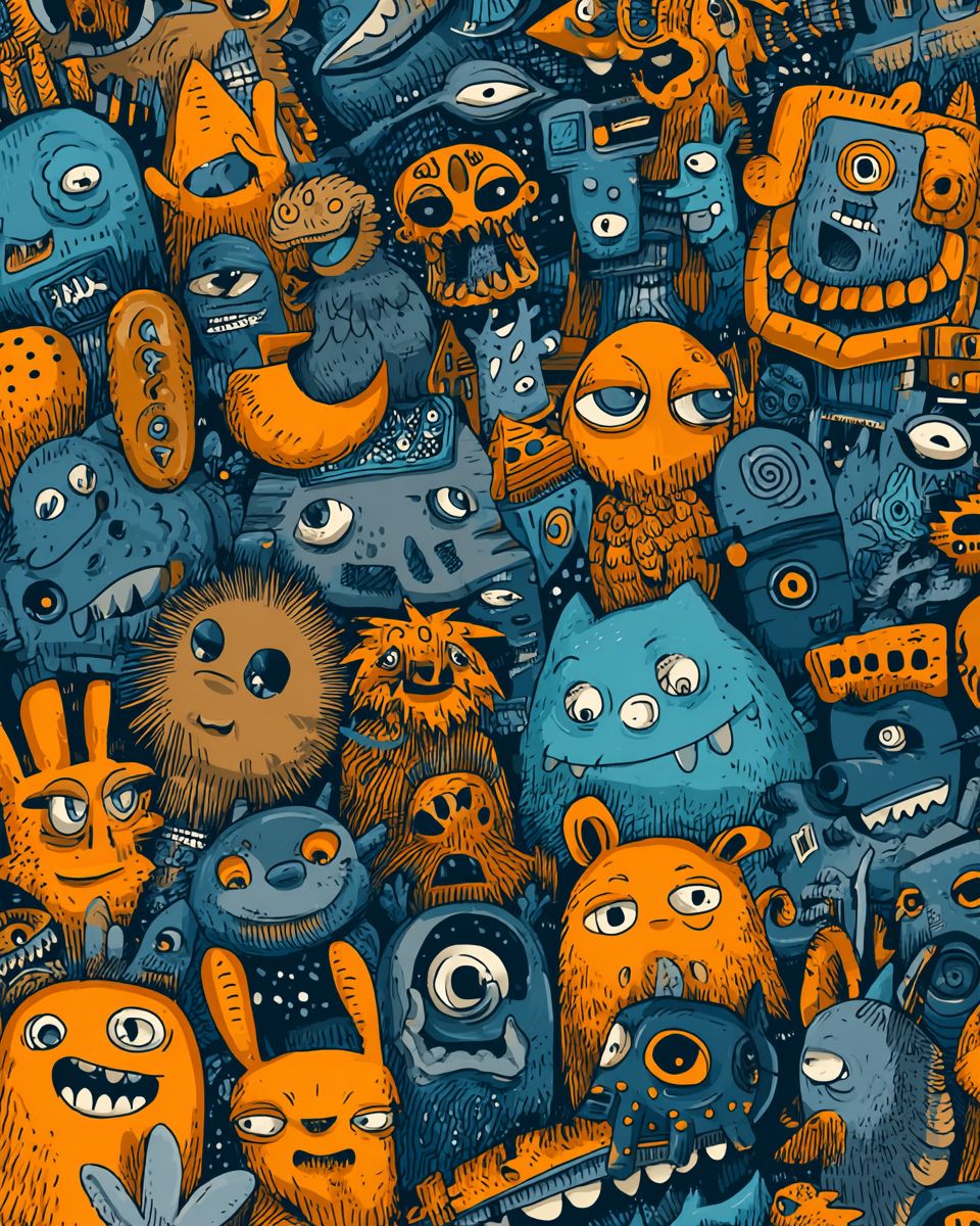 Un patrón de fondo inspirado en el graffiti que presenta adorables personajes de dibujos animados y animales en una paleta de colores naranja y azul