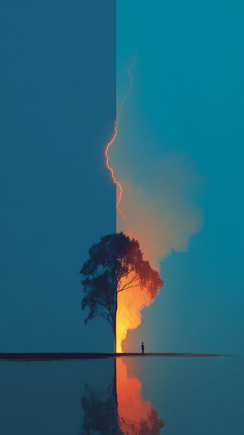 At night with storm and lightning, a tree is on fire
