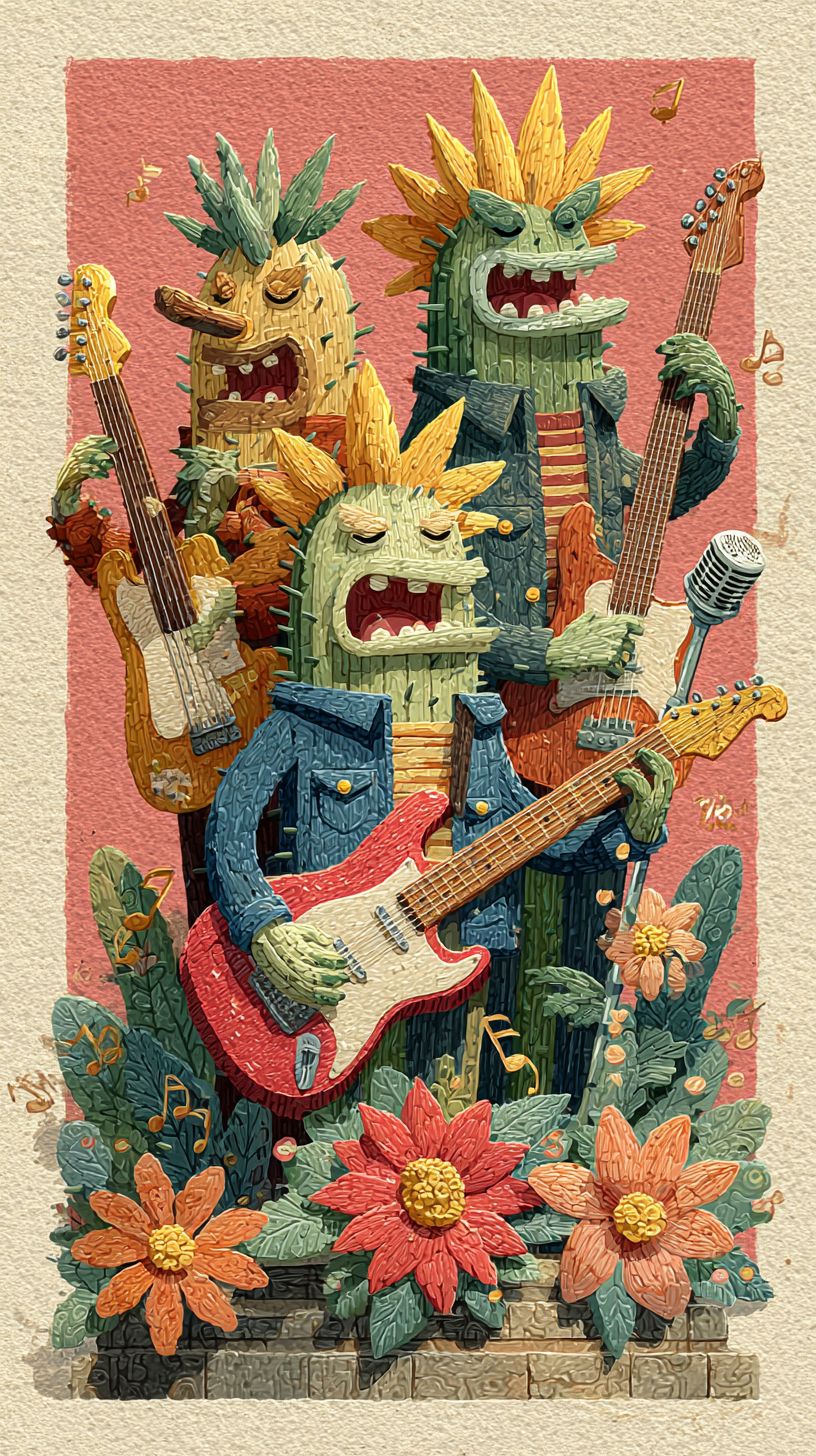 Two anthropomorphized cacti are playing in a band