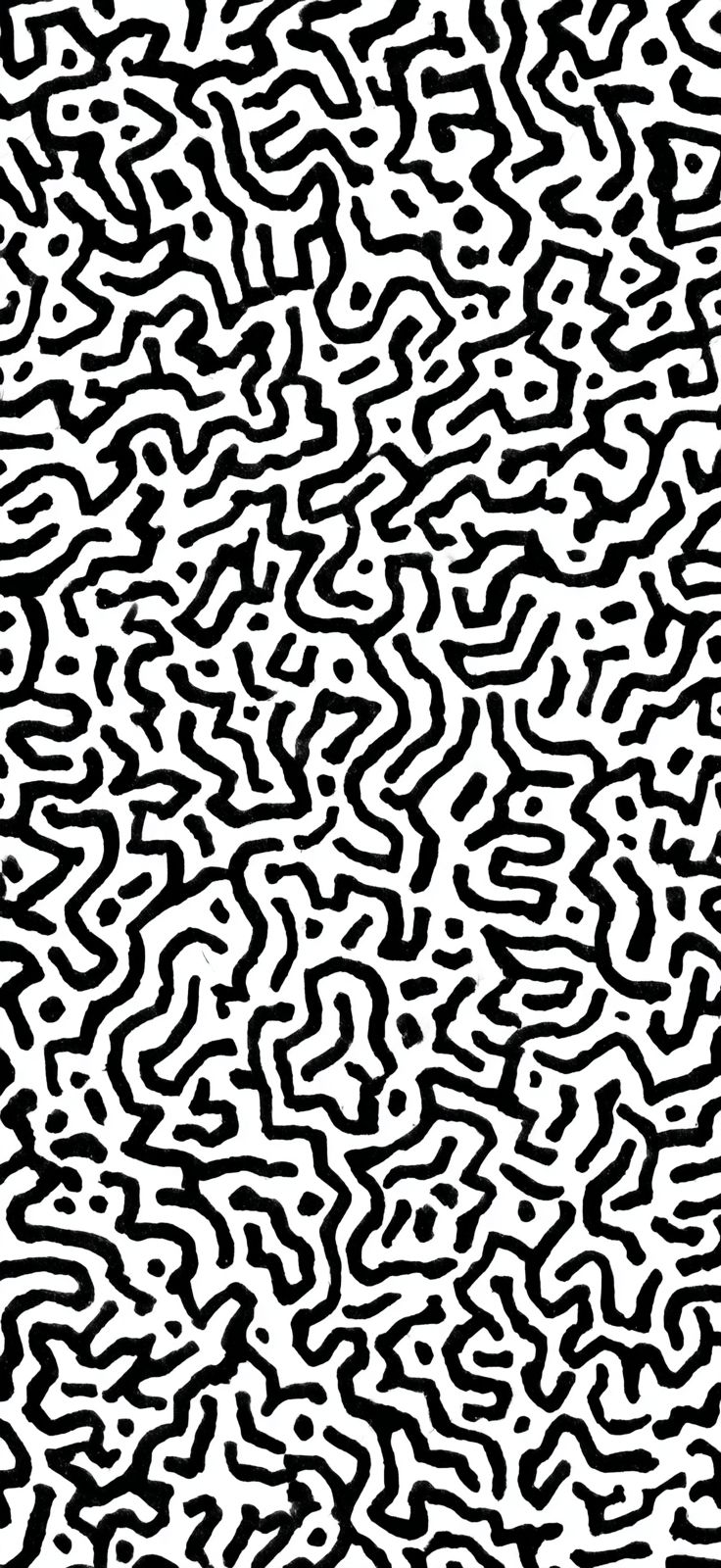 Minimalistisches geometrisches Muster mit schwarzen Linien auf weißem Hintergrund, die abstrakte Symbole bilden
