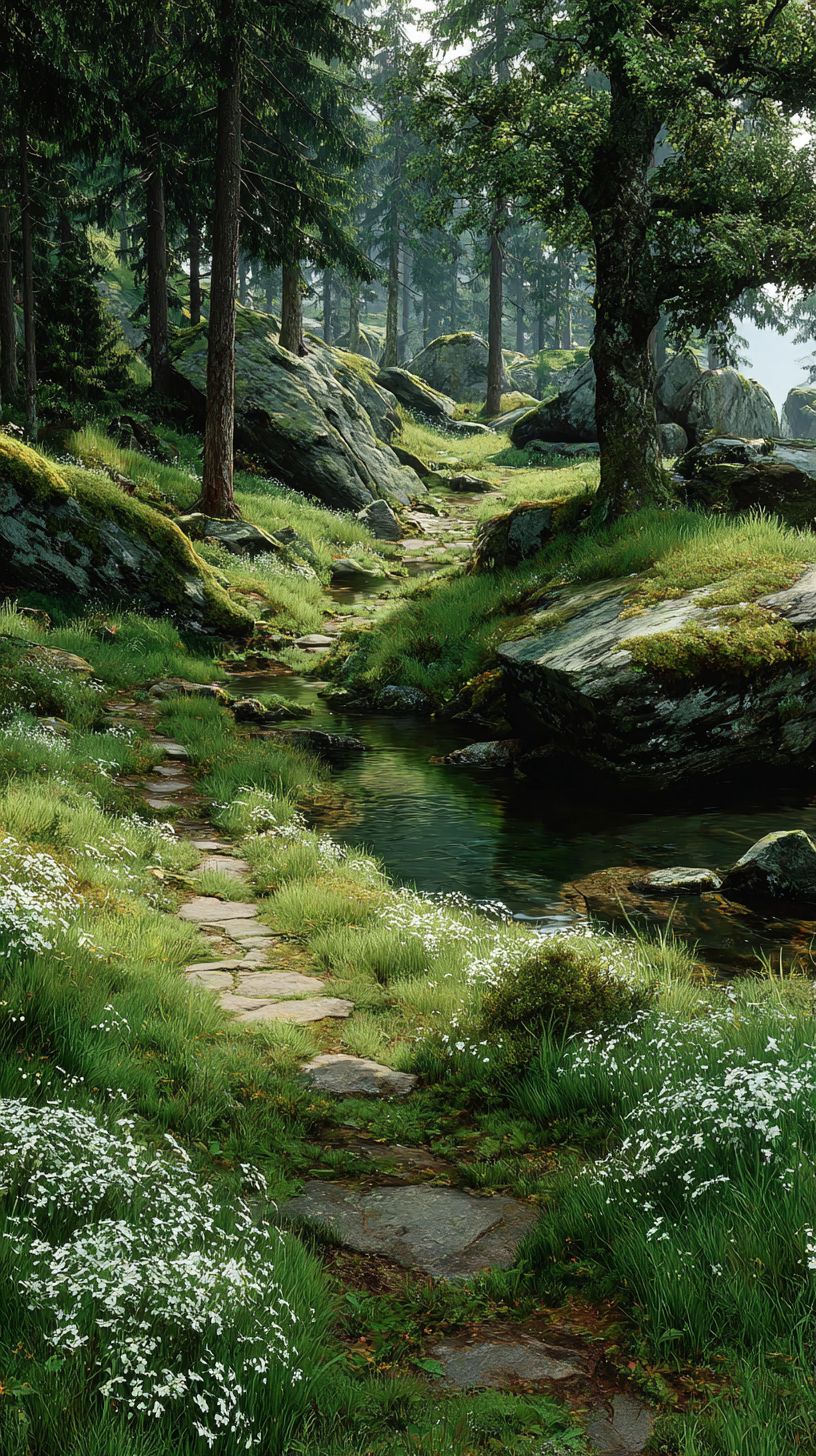 A spring forest with mossy ground and blooming plants under dappled sunlight creates a serene scene