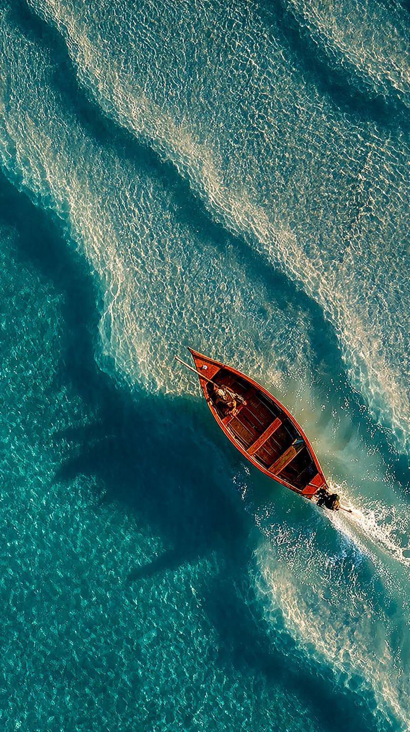 A small dark-red boat leaves a wake on turquoise water