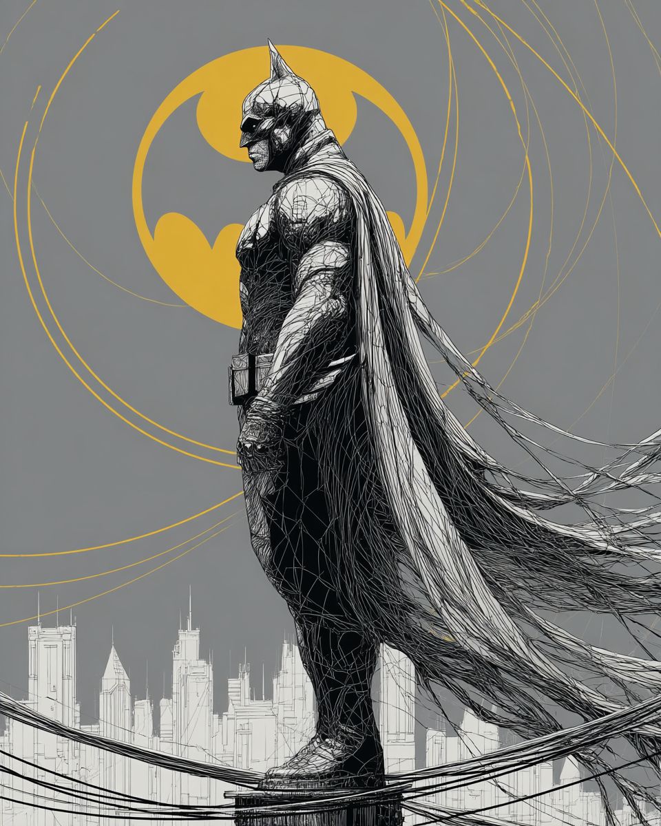 Un dibujo minimalista en líneas negras de Batman de pie en un techo con una capa ondeando y el horizonte de Gotham de fondo, con un símbolo de murciélago en amarillo