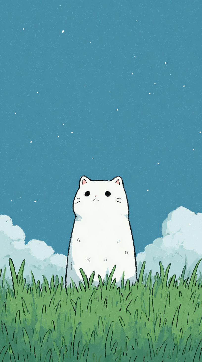 A cute white cat is looking up at the sky in a green grass field