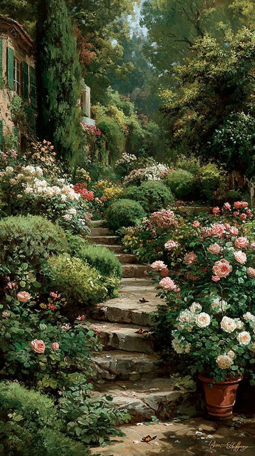 A lush garden features green shrubs, blooming roses, and a stone path, with soft morning light and butterflies creating a joyful serene atmosphere