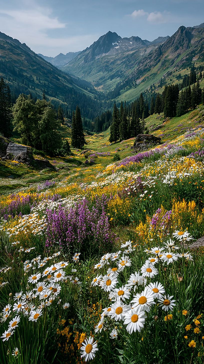 A beautiful hillside scene with colorful daisies and a clear blue sky
