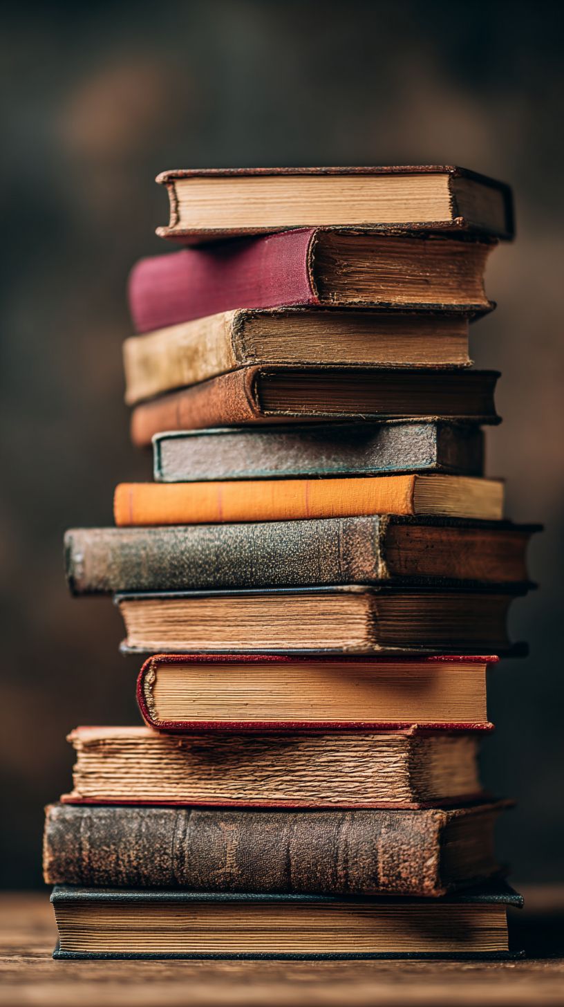 Uma pilha de livros desiguais ocupa o centro, com um fundo desfocado adequado para a colocação de texto.