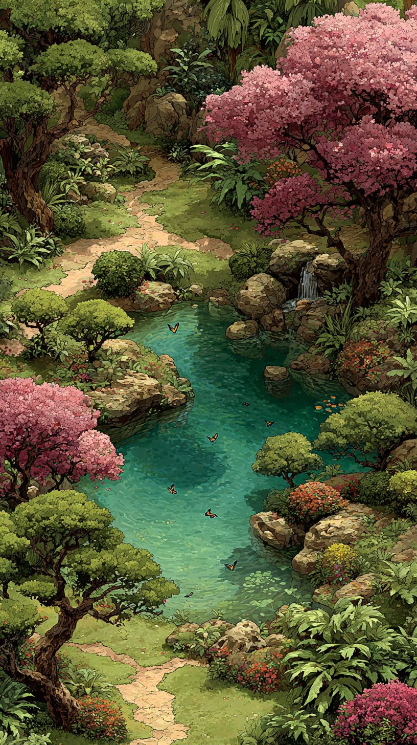 A lush green park with blooming trees, a winding path, and a sparkling pond