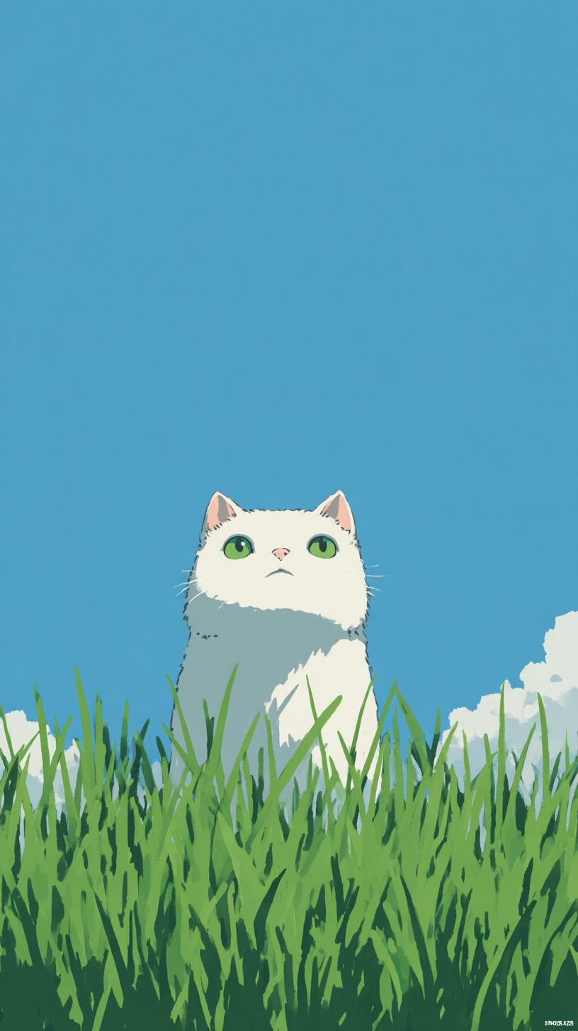 Un chat blanc regardant le ciel dans un champ d'herbe verte